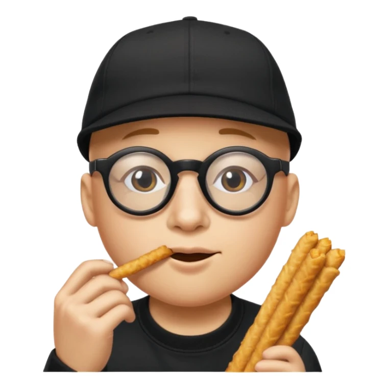 num num eatting hashbrown sticks with a plain black cap and glasses no hair add the words Rollin' 18 to hat sticker