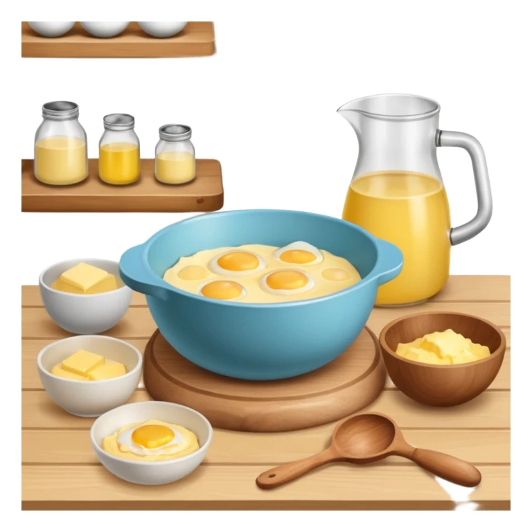 baking preperation with mixing bowl with uncracked eggs and butter sticker