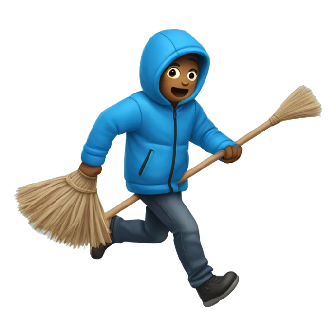 a scared boy wearing a blue puffer jacket running away holding a broom sticker