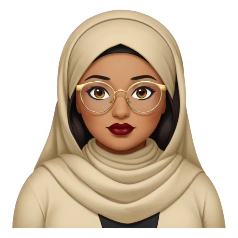 big plus size, latina, darker tan skin, gold hoops, hijab, baddie,pretty, makeup, dark red lipgloss, black eyeliner, long hair, black shirt, black glasses sticker
