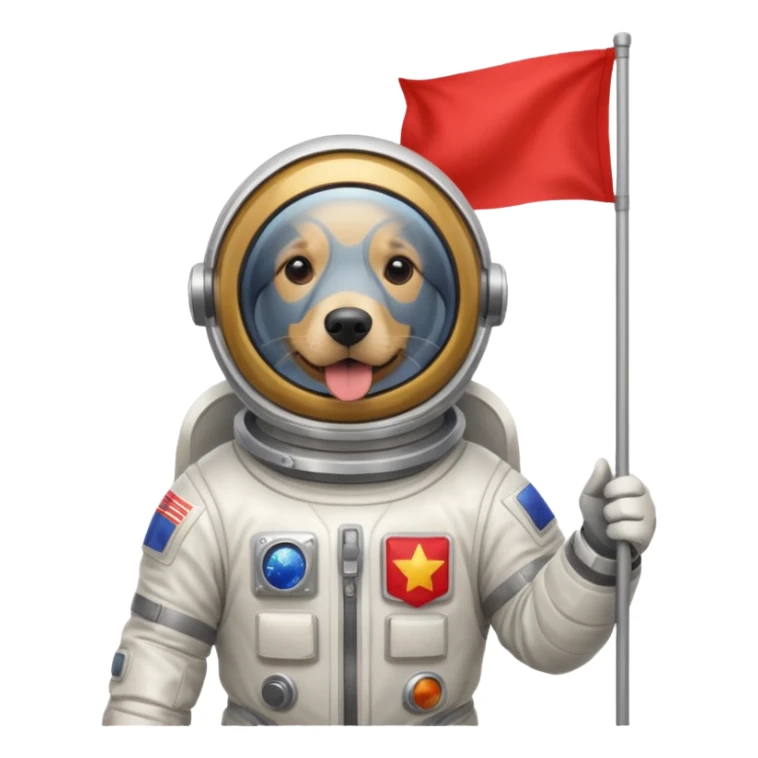 golden retriever standing in space suit holding red rectangle flag sticker