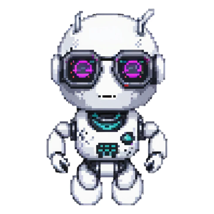 White robot with cyberpunk glasses, AI, futuristic sticker