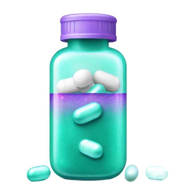 white pill bottle with teal medicine capsule, sparkles and texture light purple sticker