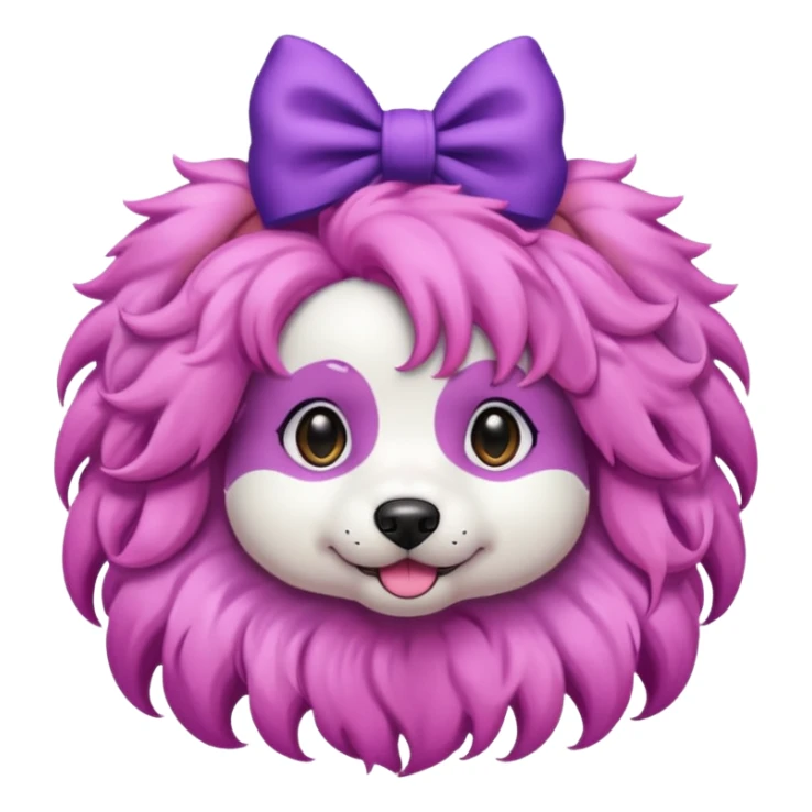 dog with pink long curly hair and purple bow on head sticker