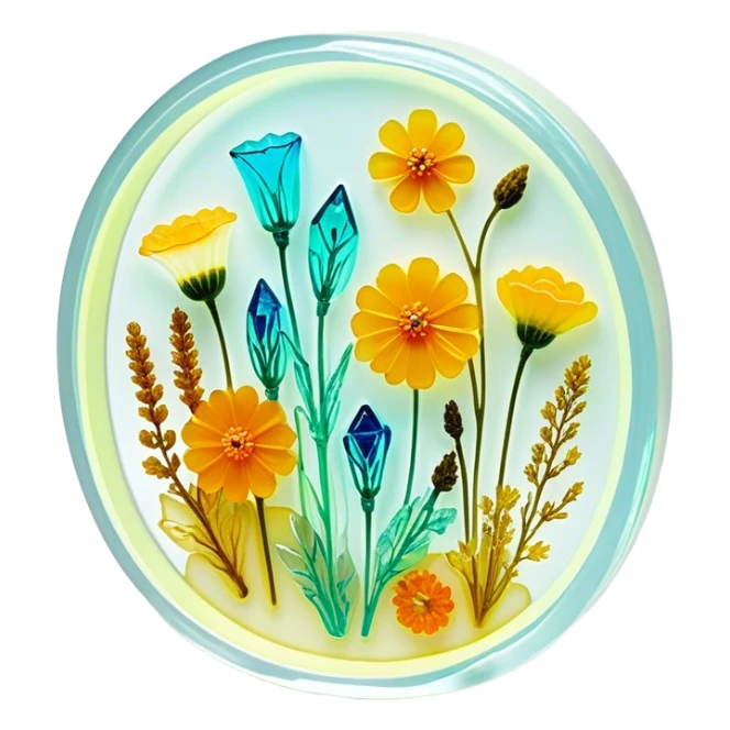 Epoxy resin art icon, jewelry and decorative items made with fluorescent epoxy resin, glowing effect on the resin, finished resin jewelry with dried flowers embedded inside, visible tubes of resin with bright colors, mixing tools, and molds, minimalistic style, clean lines, transparent background sticker