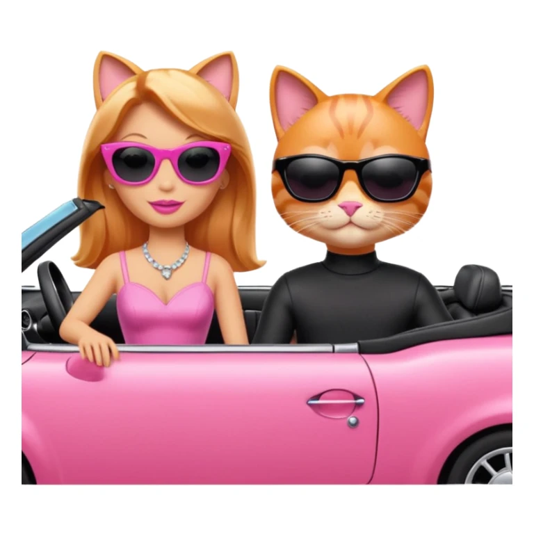 Barbie and Ken as cats driving a pink convertible car with sunglasses sticker