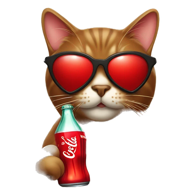 Brown cat wearing heart shaped sunglasses that are red drinking Coca-Cola sticker
