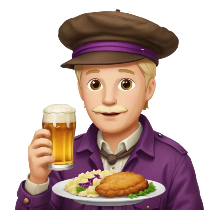 German man eating schnitzel, potato salad, red cabbage, sauerkraut, and beer sticker