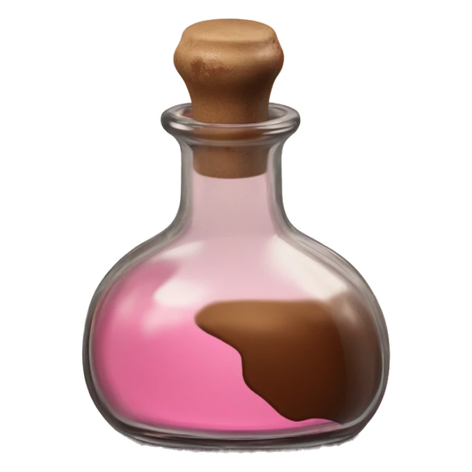 Mysterious Alchemical vintage glass potion bottle, exquisite bottle shape, old and shabby, with label, stylish and minimalistic, brown and pink, oil potion is poured out of the bottle, oil is spilled next to it sticker