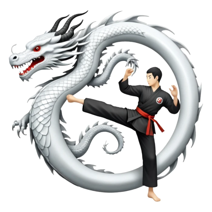 An icon symbolizing Eastern martial arts in the style of an emblem, featuring a black-and-white Yin-Yang symbol and a dragon at the center. A martial artist is performing a fluid kick, surrounded by elements like a dojo and bamboo. Transparent background highlights balance and power. sticker