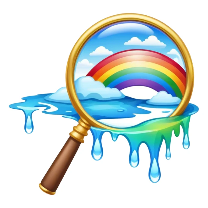 a magnifying glass with a rainbow river flowing through it and passing by sticker