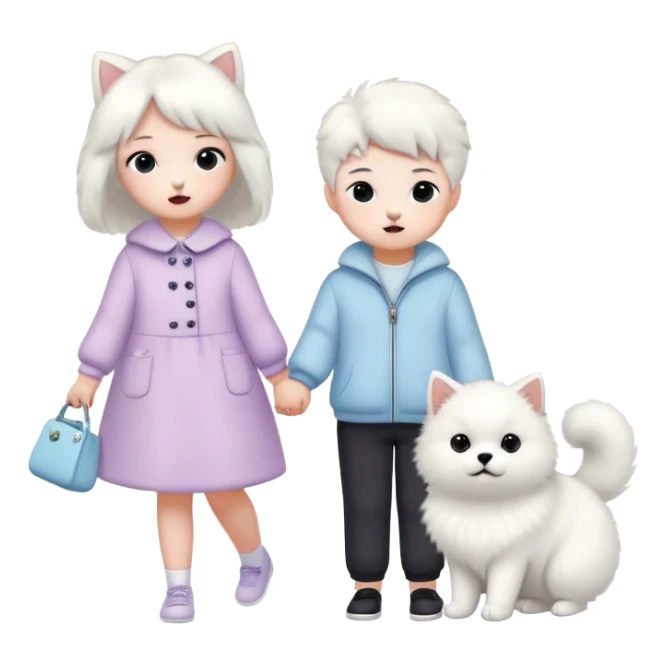 children in pastel clothes play with a Samoyed and a black British cat sticker