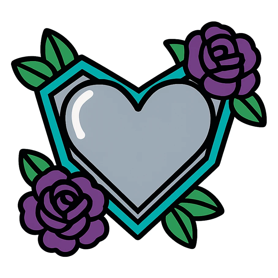 Add black gothic roses around the silver goth heart, keep the color outline style, no background sticker