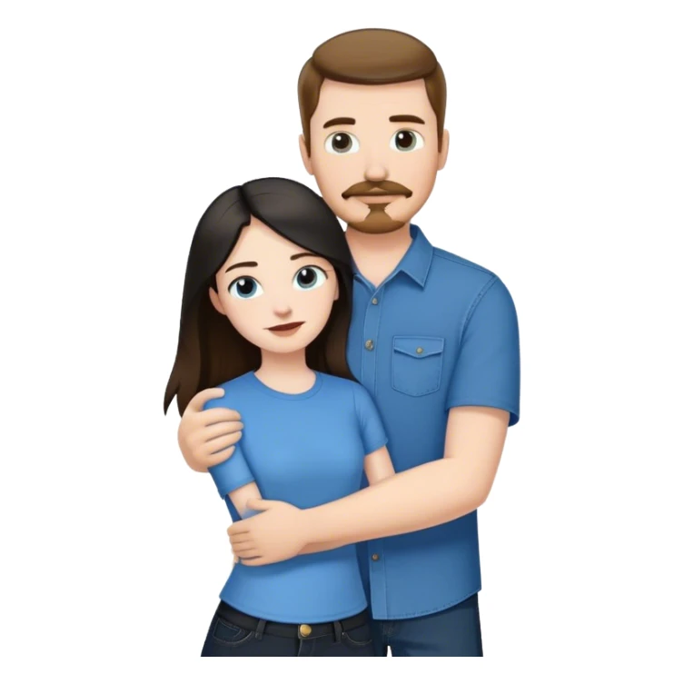 tall white guy with brown hair goatee mustache wearing blue shirt and black jeans hugging a shorter white girl with long black hair with blue jeans and white shirt sticker