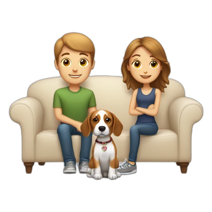 Brown hair White boy and girl with beagle Sit on couch sticker