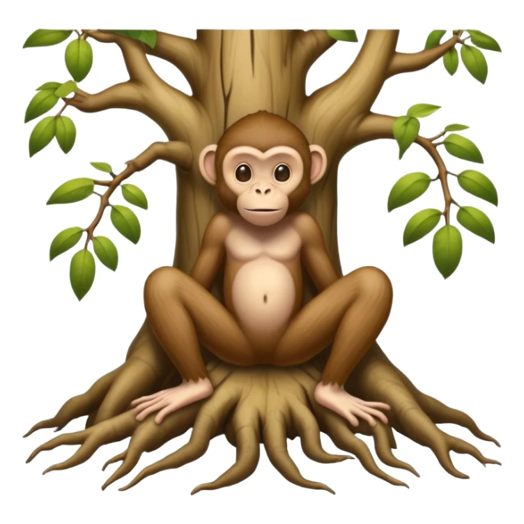 A creature with realistic human feet at the bottom, tree roots forming the legs, and a cartoon monkey face on top sticker