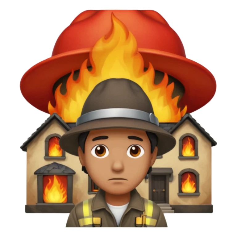 sad man standing with a house on fire behind him, bigger flames, apple style emoji sticker