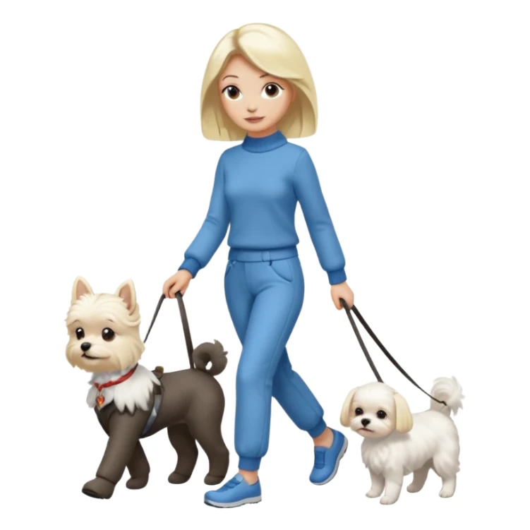 blonde woman wearing pants, walking a small maltese dog. sticker