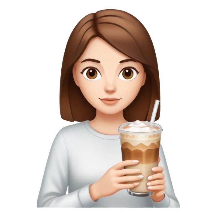 White girl with brown hair has ice latte coffee in glasse cup sticker