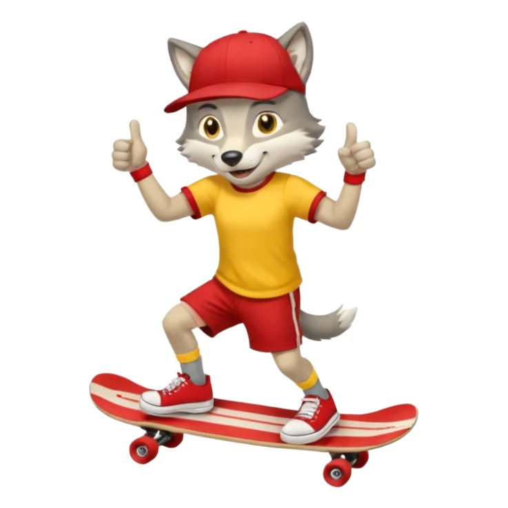 A gray wolf with large, expressive eyes and a friendly smile. The gray wolf is wearing a bright yellow T-shirt, red shorts, white knee socks, and sneakers. The baseball cap is worn backwards. The wolf holds a skateboard in one hand and gives a thumbs-up with the other, a confident and cheerful pose. sticker