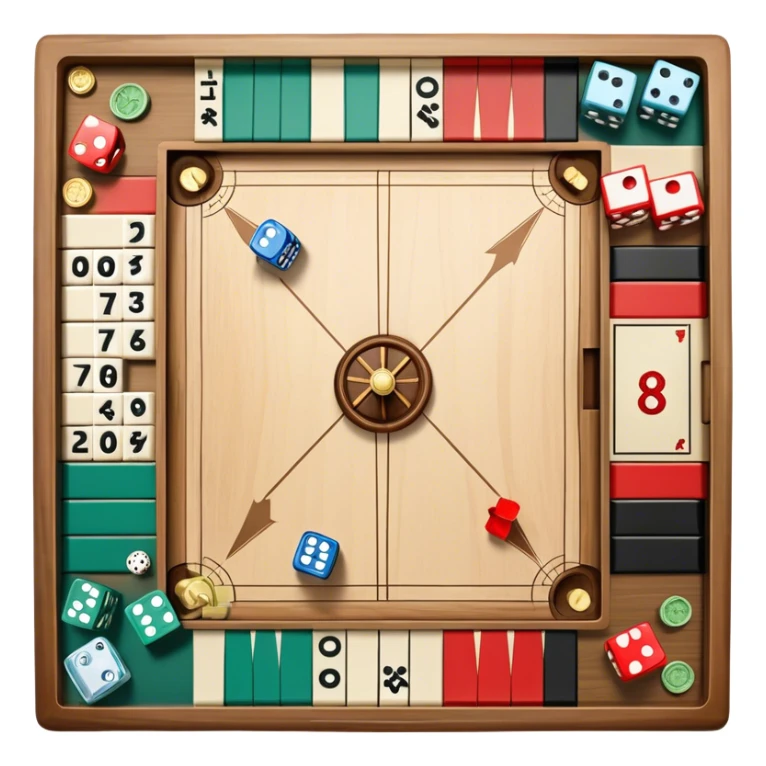 A photorealistic icon featuring a backgammon board with dice, a Monopoly board with money and property cards and a Game of Life spinner. The design captures the detailed textures of the boards, pieces, and accessories. Transparent background. sticker
