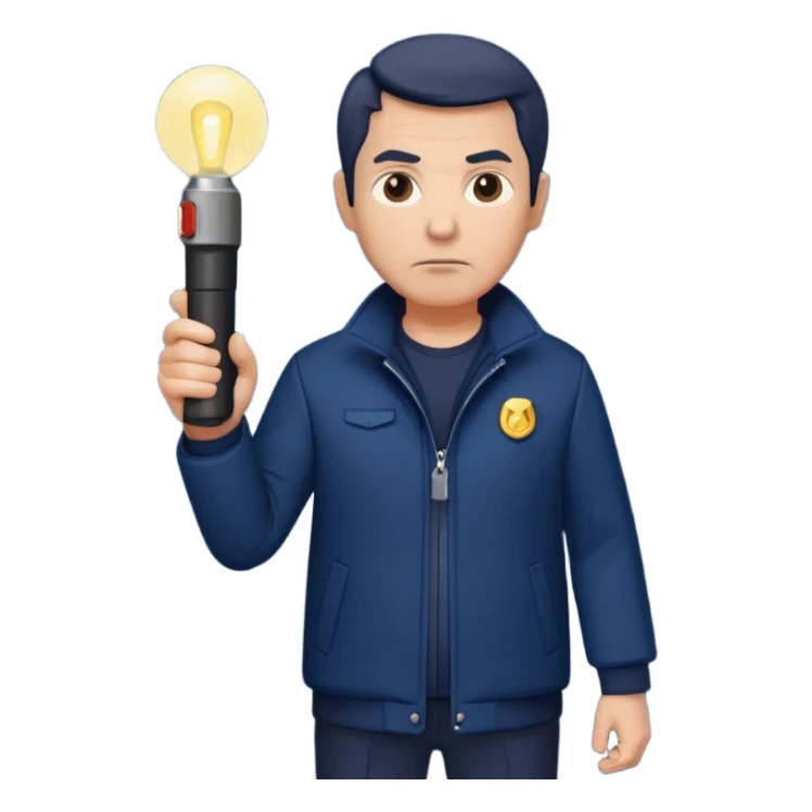 Security, Middle-aged, wearing navy blue jacket, serious facial expression, holding flashlight, full body sticker