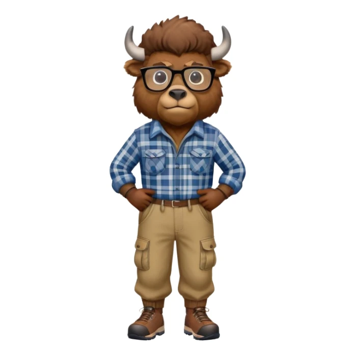 friendly anthropomorphised bison in cargo pants and plaid shirt, wearing glasses, jogging upright sticker