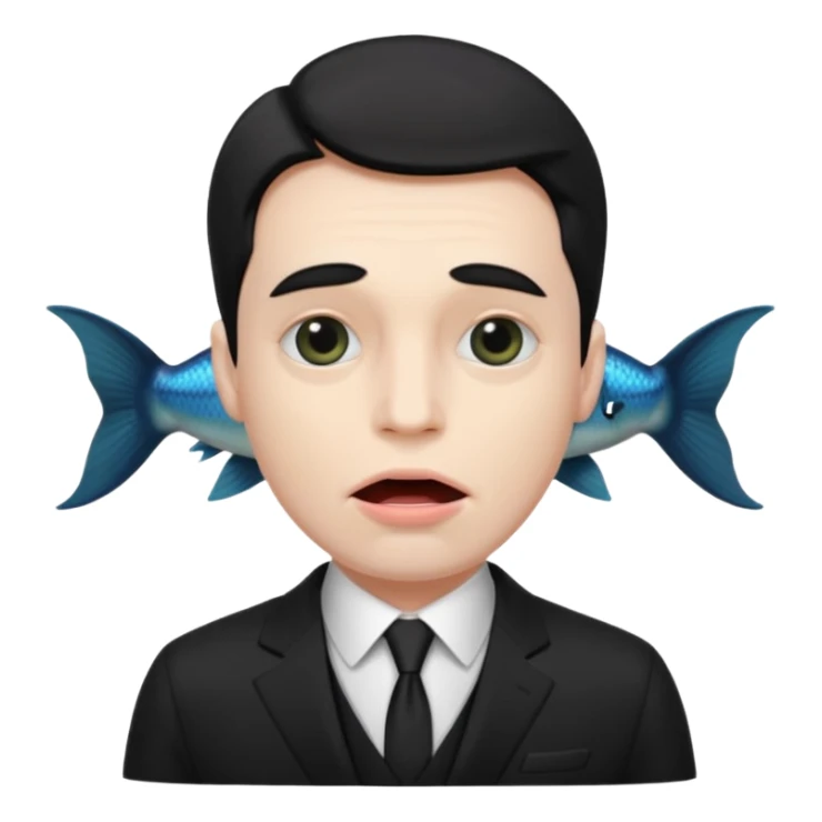 A man dressed in a black suit. His face is that of a fish — therefore, he has no human face. The fish’s face is positioned vertically, meaning its mouth is facing upward. sticker