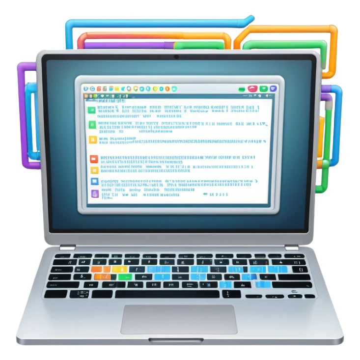 An icon featuring a laptop screen with colorful lines of code, brackets, and a blinking cursor, symbolizing programming. The design includes flowcharts, gear icons, and binary code, representing software development and logical problem-solving. Transparent background highlights the world of coding. sticker