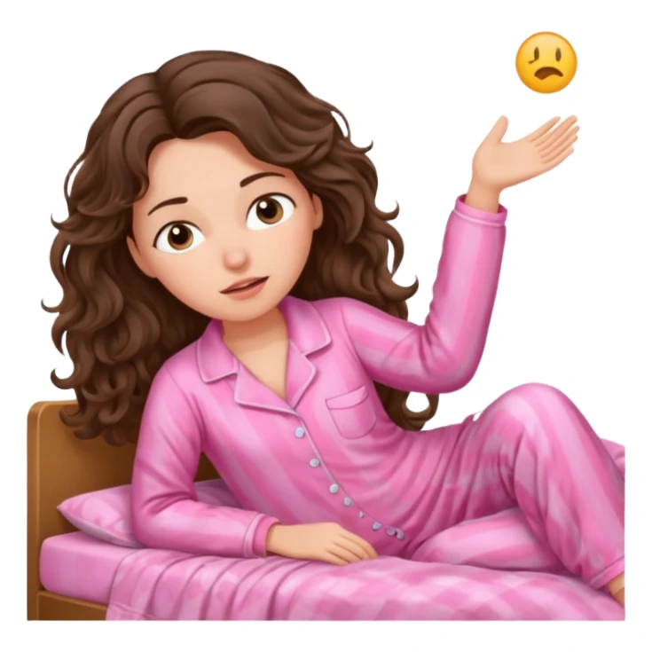 aestethic brunette wavy hair, waking up with a pink pajama sticker