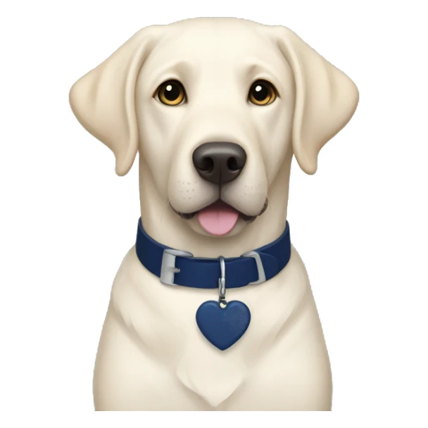 White Labrador wearing a navy blue collar with a navy blue heart tag sticker