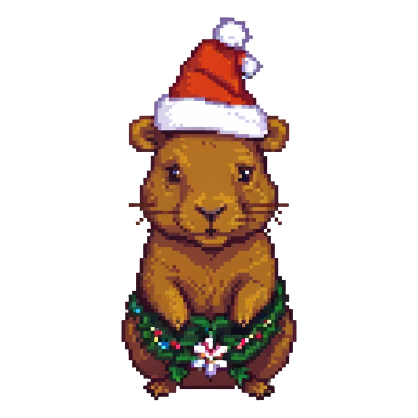 capybara with a Christmas hat, pixel art style sticker