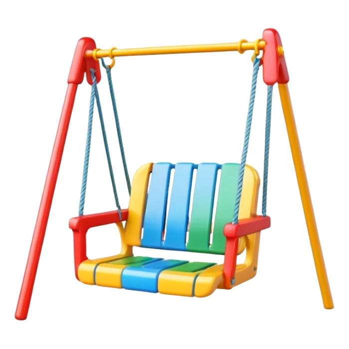 a colorful plastic swing with a safety bar in front, hanging from two ropes, glossy surface and soft shadows sticker