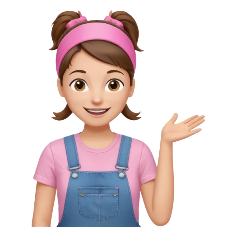 preschool teacher with brown hair pulled up in high ponytail and light pink thin width headband. Has a pink t-shirt with denim overalls. enthusiastic expression with big smile sticker