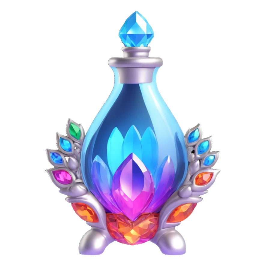 luxurious crystal elixir bottle in monster paw shape, vibrant color, ornate silver and iridescent details, magical glowing and sparkling effects, very small neck, seamless bottom, bottle clearly floating in air, no base or shadow, modern, collection style sticker