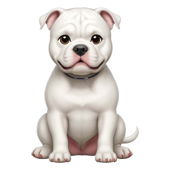 cinematic-[solid white american bulldog]-realistic-full-body-sitting-emoji,-tail-resting-loosely-beside-its-paws,-head-tilted-dramatically,-sleek-[solid white]-fur,-simplified-yet-realistic-focused-features,-highly-detailed,-glowing-with-an-almost-sarcastic-glow sticker