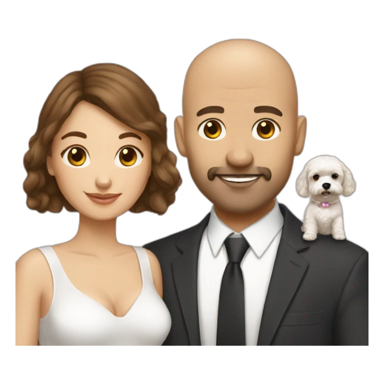 a bald man and brown straight haired woman with white maltipoo sticker
