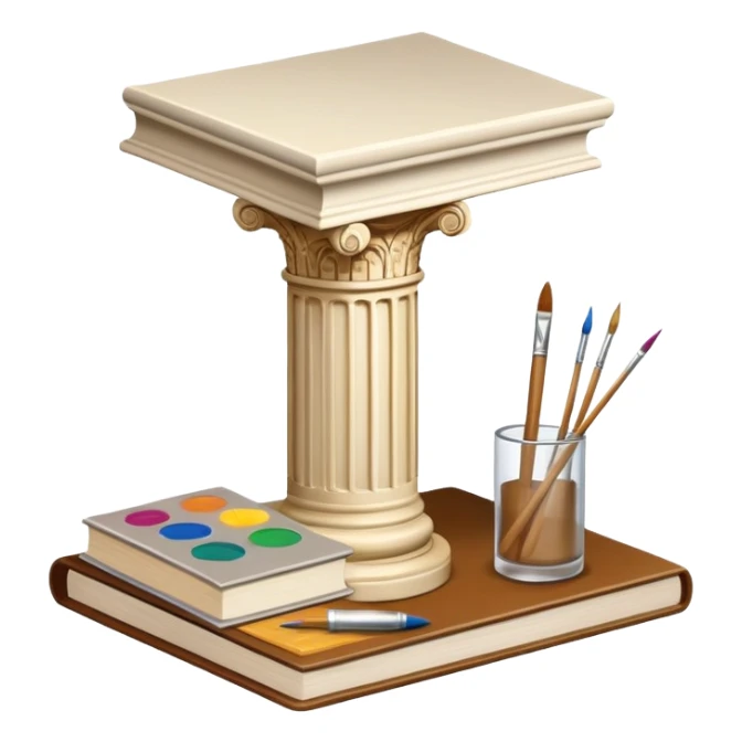 An icon featuring a paint palette, a sculpture, and a book, symbolizing the study of culture and art. The design includes a classical column and a canvas, representing art history and cultural exploration. Transparent background highlights the connection between creativity and history. sticker