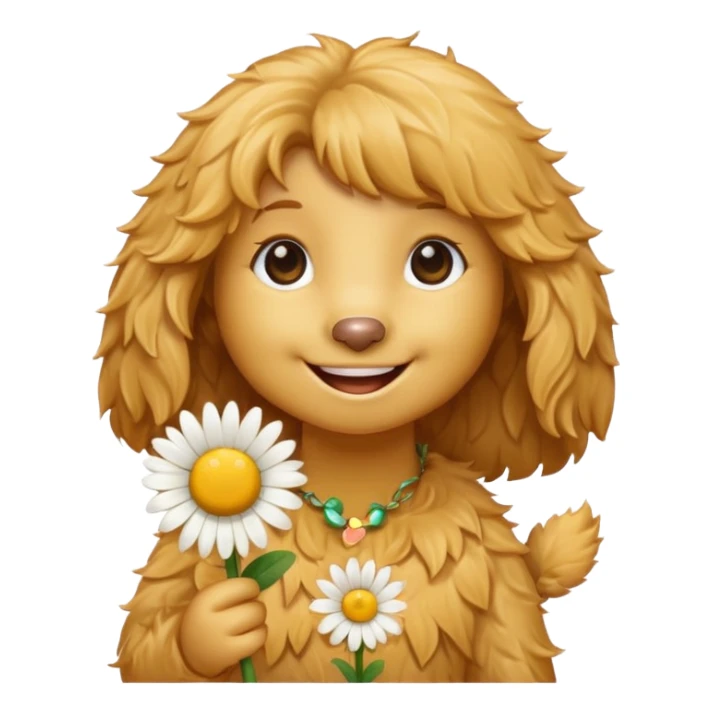 Light golden doodle girl with a daisy sticker