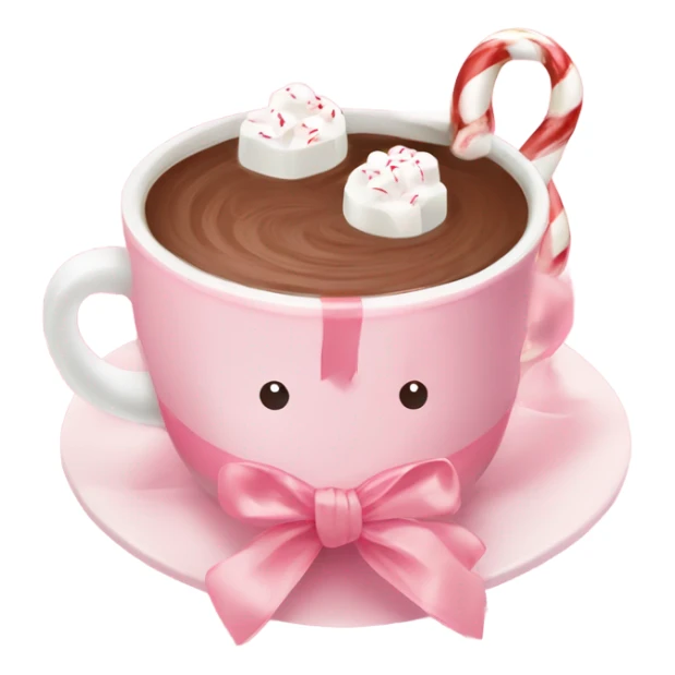 hot chocolate with marshmallows and little peppermint on the side with a light pink ribbon tied around hot chocolate cup sticker