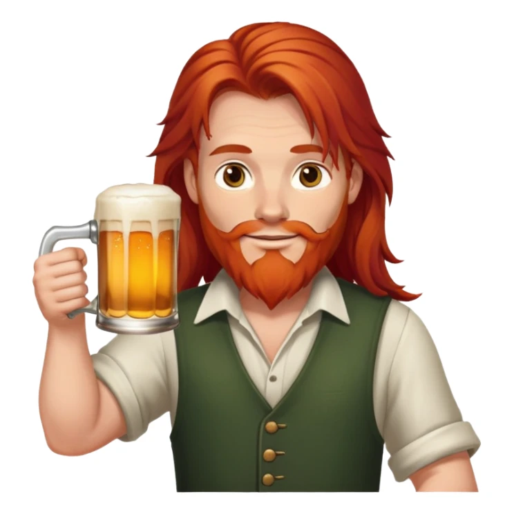 Man with long red hair holding a beer mug sticker
