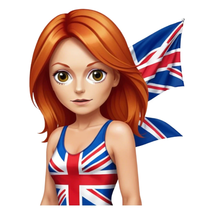 Geri Halliwell with red hair and blonde highlights wearing a short bodycon uk flag dress sticker
