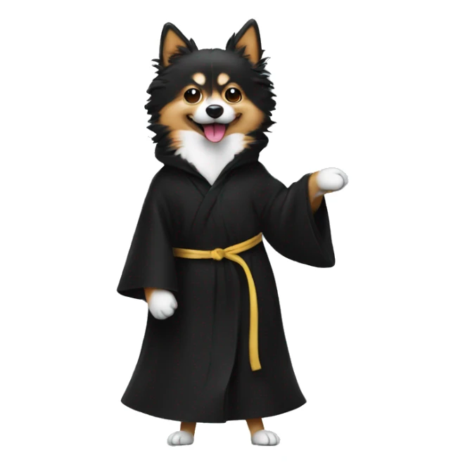 Spitz stands on its hind legs in heels and in a black robe  sticker