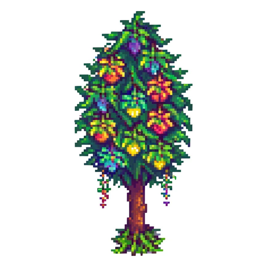 Terraria tree with rainbow fruit hanging from the branches, pixel art, fun and colorful, no text sticker