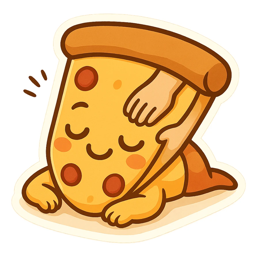 whimsical emoji of a pizza slice receiving a relaxing massage, playful and fun sticker