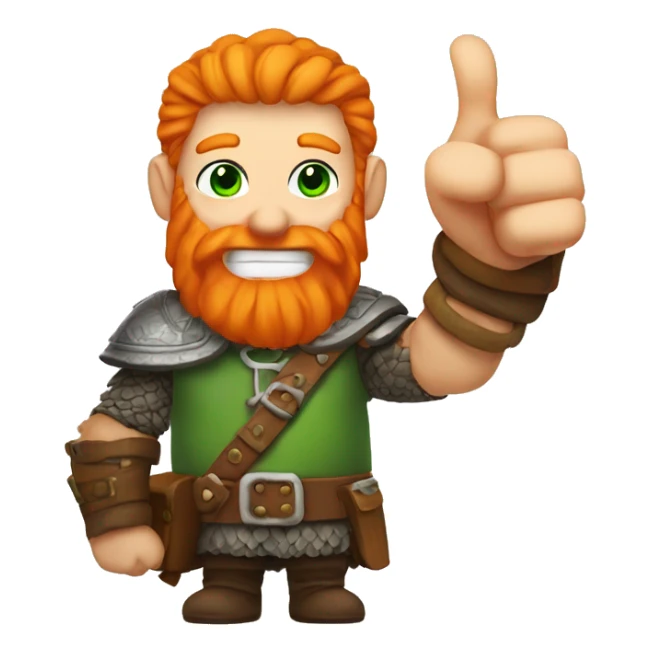 Green eyed, Orange haired white skinned viking with orange beard holding up a thumbs up sticker