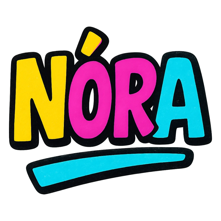 Nóra name in modern colorful gradient font with dark outline, dynamic slanted or partial underline, transparent background, in the style of reference patterns sticker
