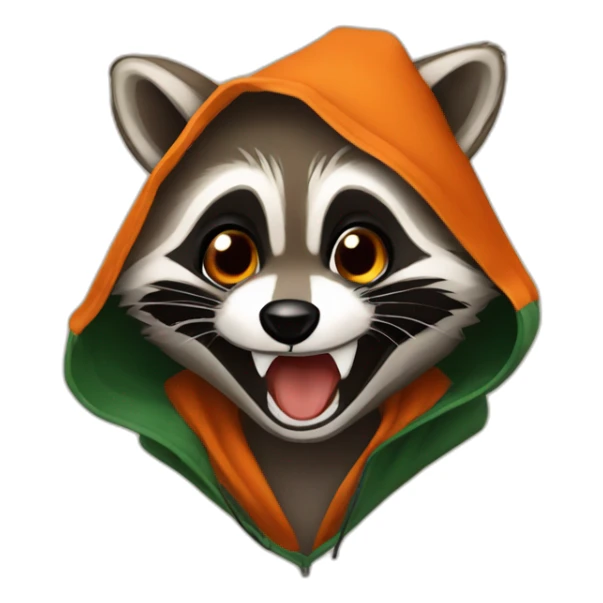brown raccoon with orange eyes and a dark green hood that is laughing sticker