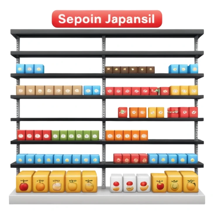 "Minimalist Japanese retail shelf display, products aligned identically in horizontal rows, each item repeated directly behind the other (multiple units in depth), vertically varied by type, clean spacing, precise symmetry, soft neutral lighting, front-facing packages, ultra-detailed." sticker