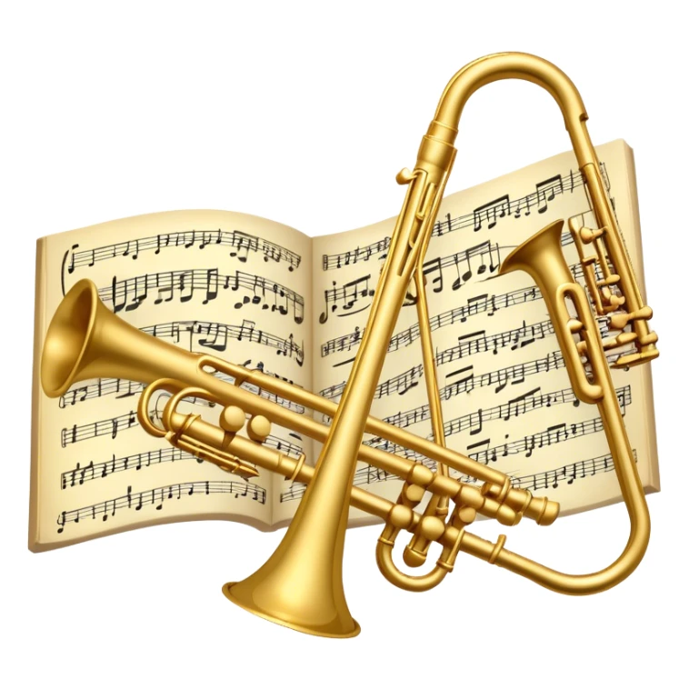 Create an elegant and artistic emoji that represents music arrangement and orchestration. The design should feature a conductor's baton, musical scores, and various orchestral instruments (e.g., violin, trumpet, flute). Incorporate flowing lines to represent harmony and orchestral balance, along with a subtle representation of sheet music. Use rich, classical colors like gold, silver, or deep blue, and create an atmosphere of sophistication and precision. The background should be transparent. sticker